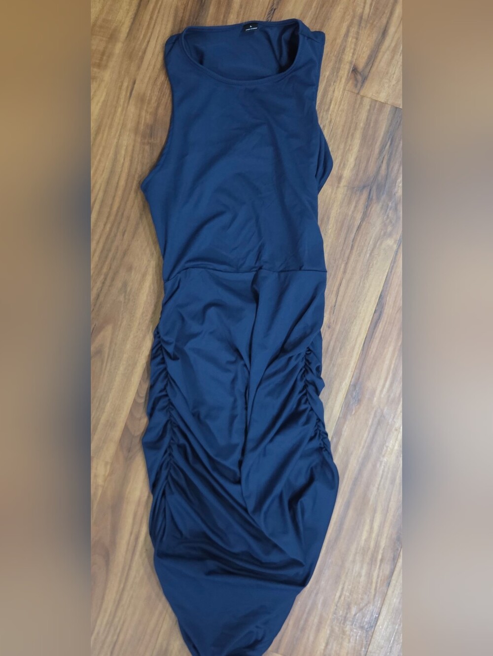 Navy Blue Ruched Bodycon Midi Dress – Size Large
